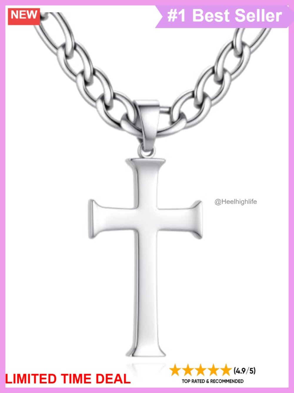 925 Sterling Silver Cross Pendant Necklace Men Stainless Steel Figaro Chain 22